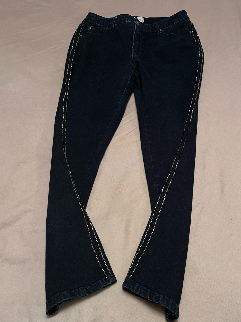 Laura Women's Straight-Leg Dark Blue Jeans with Double Row Side Rhinestones